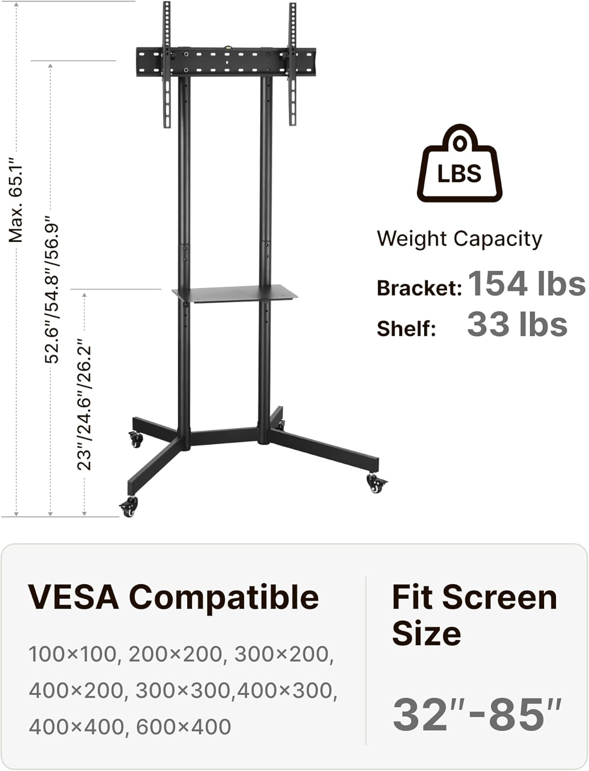 Heavy-Duty Rolling TV Stand for 32-85" TVs, 187 lbs