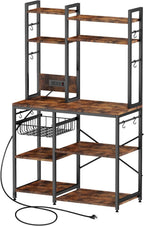 Cheersstar Bakers Rack with Power Outlet -, Standing Kitchen Baker’s Rack, 6-Tier Microwave Stand, Coffee Bar with 12 S-Shaped Hooks, Kitchen Shelf with Storage, Coffee Bar Station, for Rustic Brown