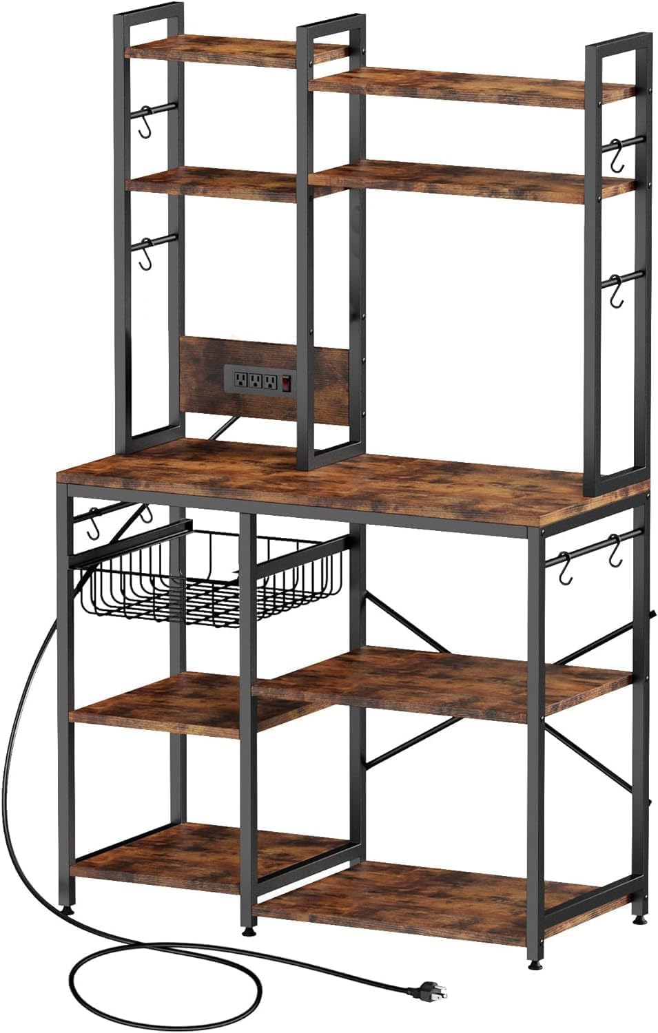 Cheersstar Bakers Rack with Power Outlet -, Standing Kitchen Baker’s Rack, 6-Tier Microwave Stand, Coffee Bar with 12 S-Shaped Hooks, Kitchen Shelf with Storage, Coffee Bar Station, for Rustic Brown