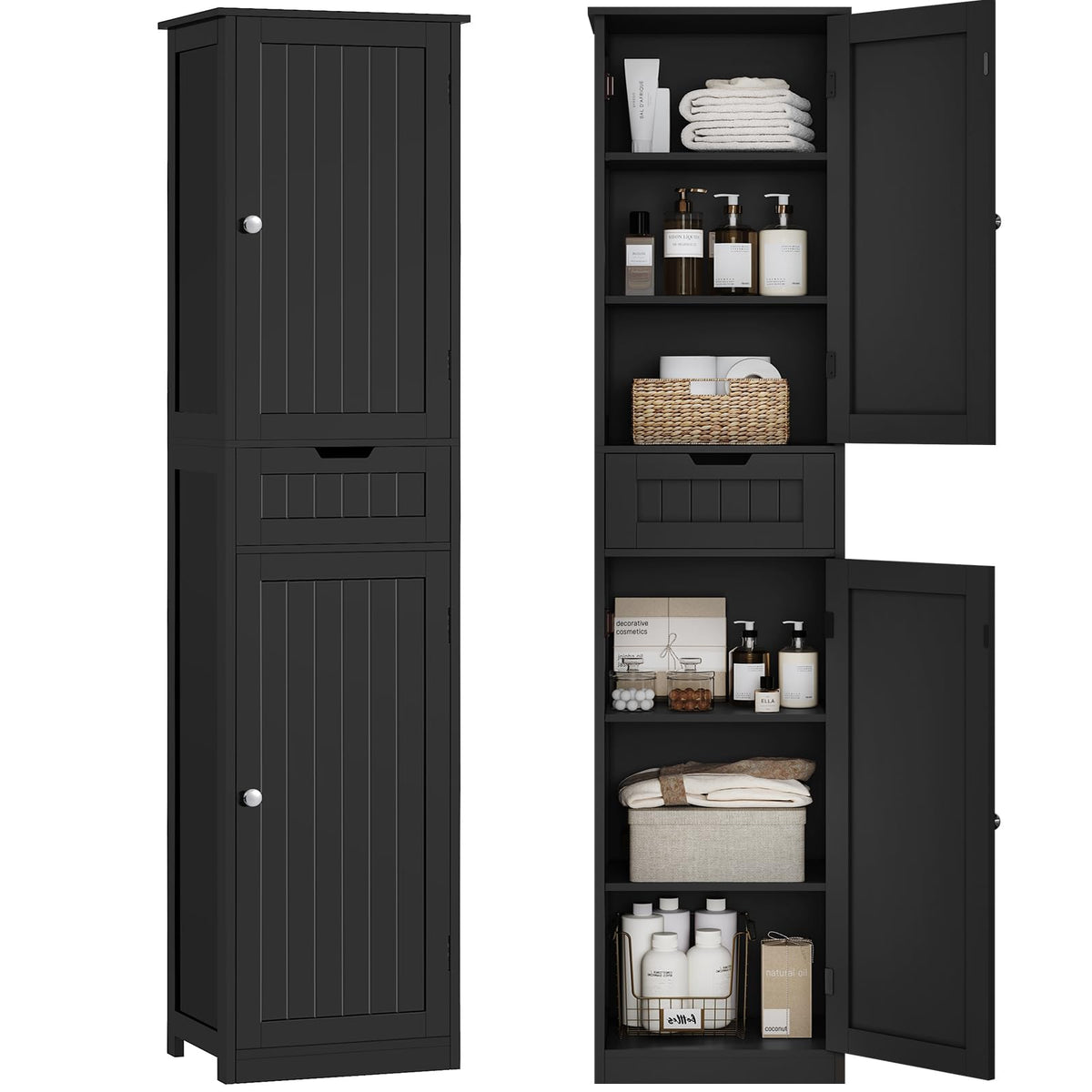 TEENFON Storage Cabinet, Pantry Cabinet with 2 Adjustable Shelves & Large Drawer, Kitchen Pantry Cabinet with 4 Doors, Bathroom Storage Cabinets, for Living Room, White