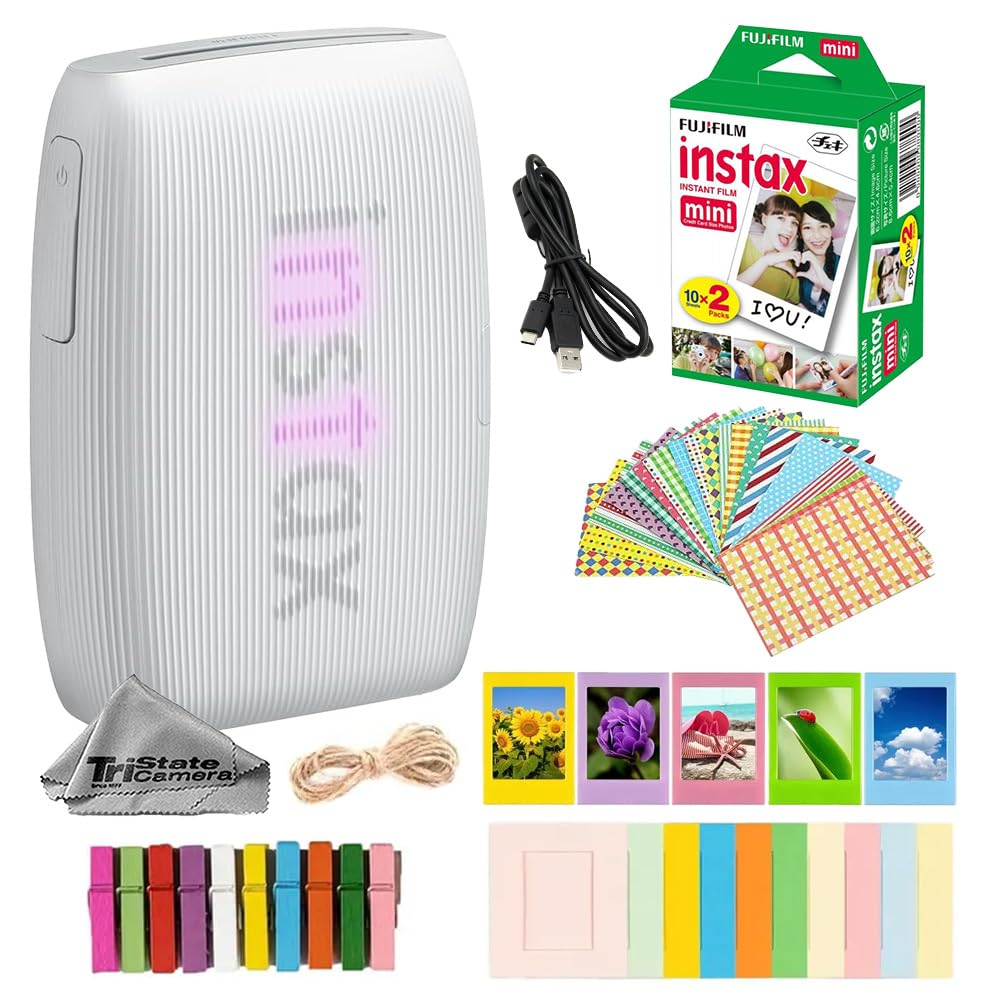 Fujifilm Instax Mini Link 3 Wireless Smartphone Photo Printer (Clay White) w/Mini Instant Film (20 Sheets) + Decorative Sticker Frames + Mini Desk Frame & Hang Clips -Bundle