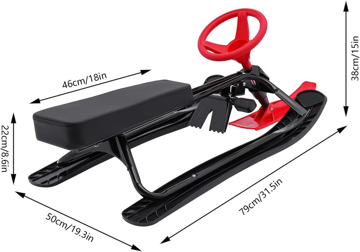 Snow Racer Sled, Ski Sled with Steering Wheel & Twin Brakes, Durable Steel Frame, Great Weight Capacity of 220 LBS, Sled for Kids Age 6 & Up, Teenagers Adult