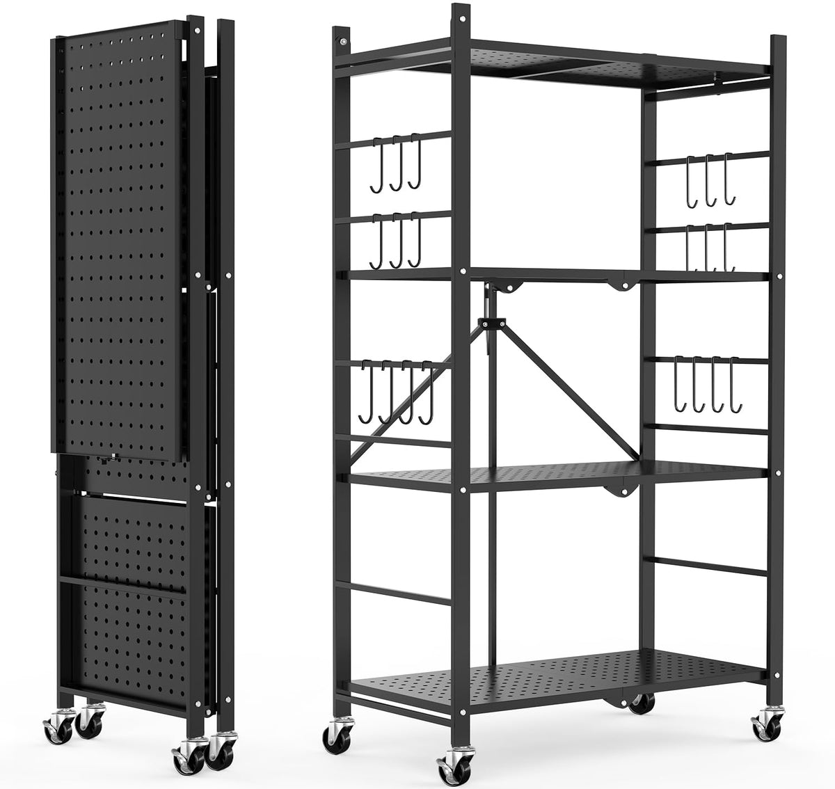 Himix 5-Tier Foldable Storage Shelves with 20 Hooks Wheels Kitchen Black