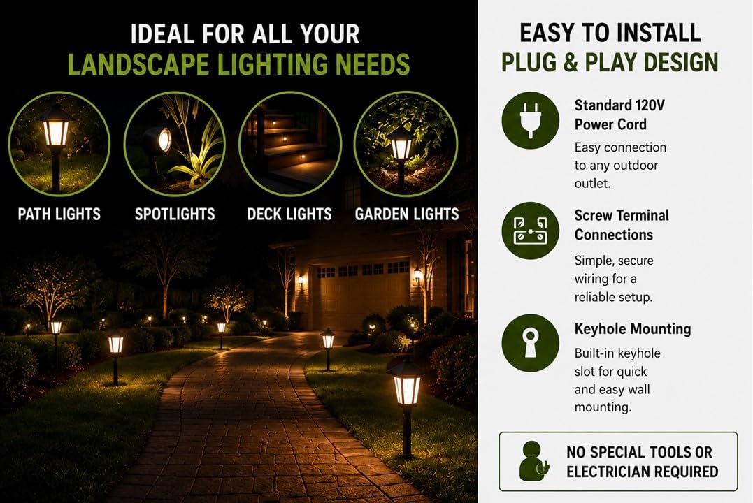 150W Watt AC to 12V Volt LED & Halogen -120V Volt Low Voltage Landscape Lighting Indoor/Outdoor Weatherproof Transformer Electric Power Pack with Photocell Sensor - Black Case