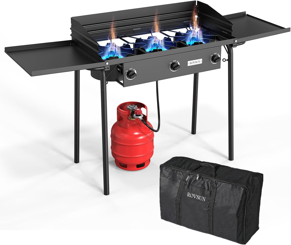 ROVSUN 3 Burner Outdoor Propane Gas Stove with Windscreen, 2 Shelves & Bag