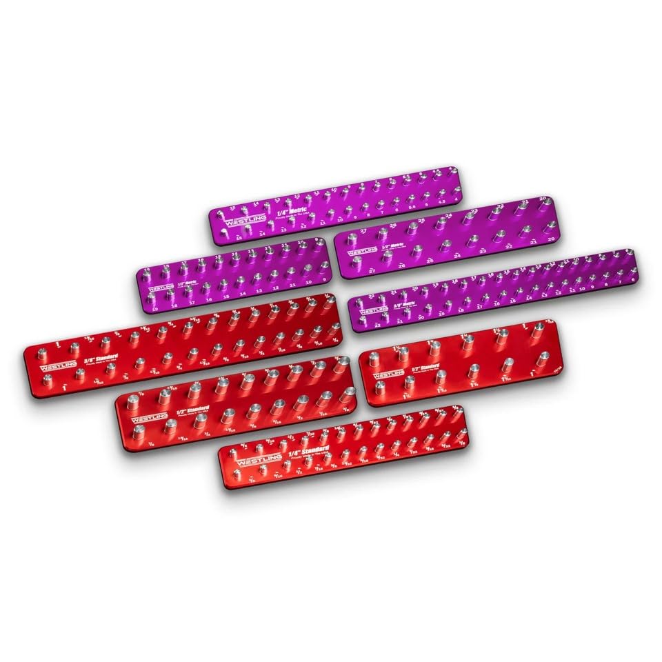 Westling USA Premium Aluminum Professional 8 Piece Socket Tray/Organizer Set, Holds 273 Standard and Metric Sockets (Red/Purple, 3 Row)