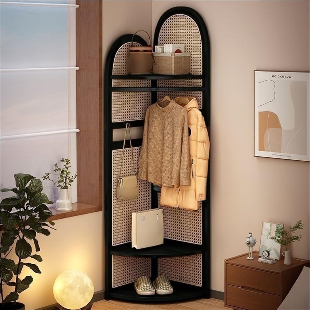 Freestanding Entryway Coat with Hooks, Boho Floor Standing Clothes Rack with Shoes Shelf, Rattan Clothes Rack Corner for Bedroom, Living Room, Hallway 17''x17''x76''(Brown A)