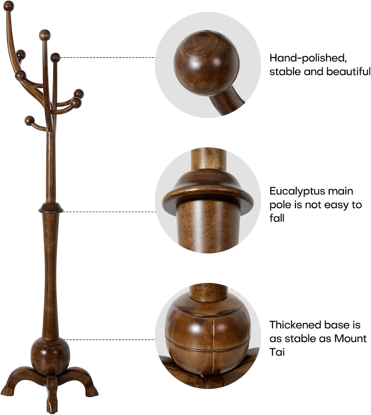 Bekrvio Coat Rack Freestanding Wood Coat Tree Rack with 8 Hooks, Walnut