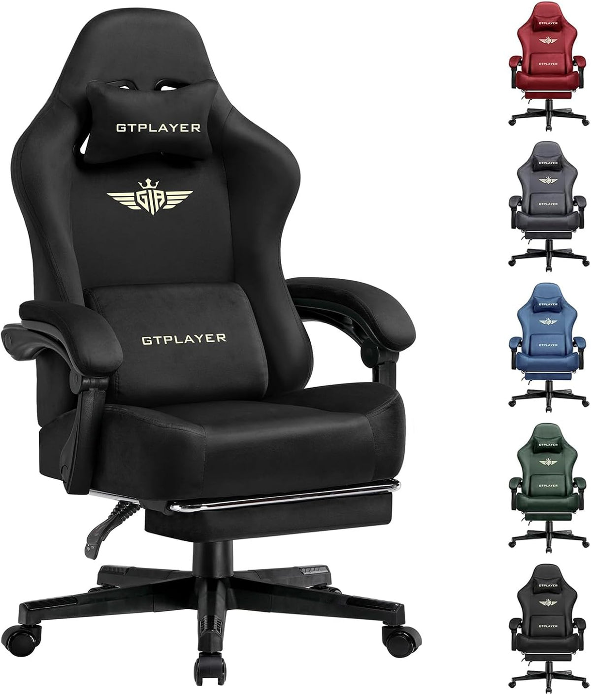 GTPLAYER Gaming Chair Fabric with Pocket Spring Cushion, Big and Tall Gamings Chairs 350LBS High Back Computer Chair with Footrest for Adults Lumbar Support Swivel Game Chair for Office Light Black