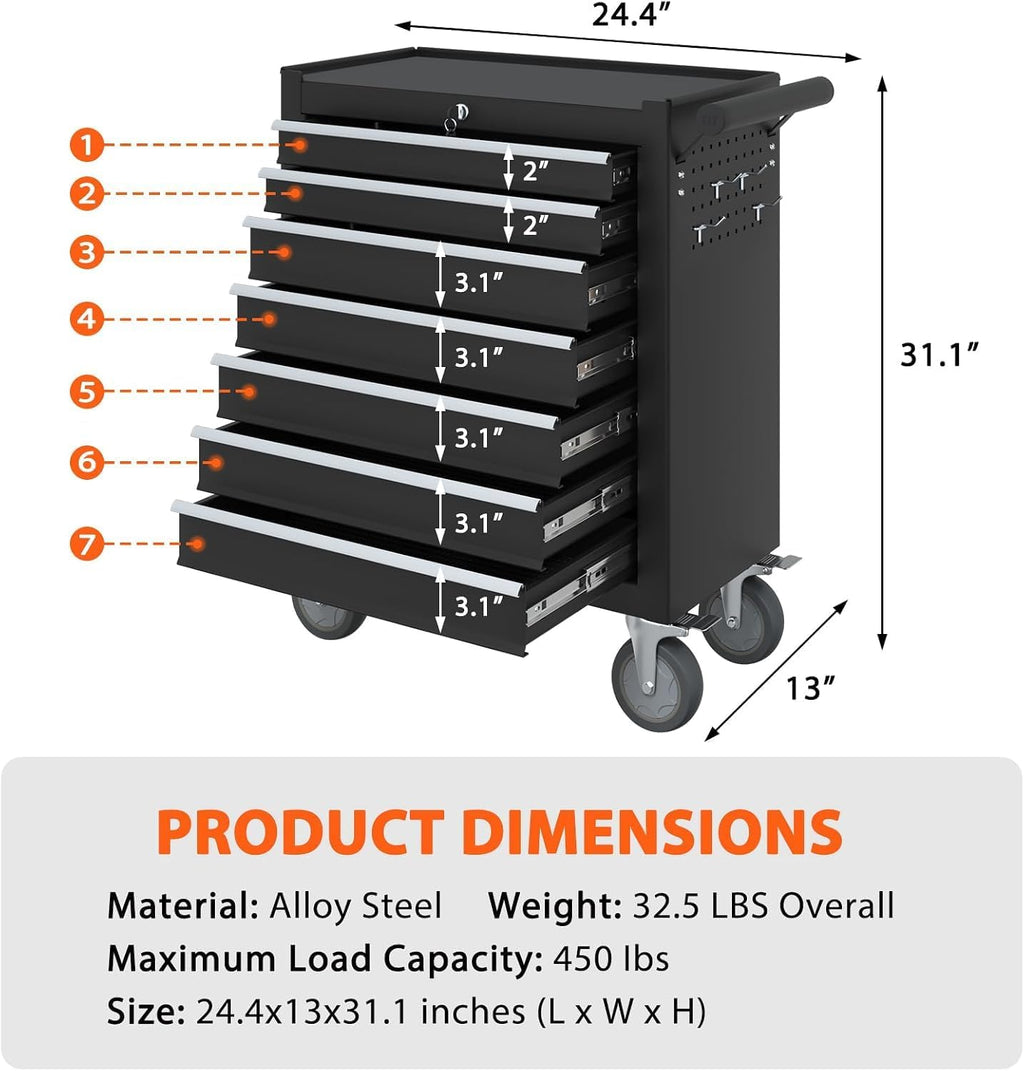 7-Drawer Rolling Tool Chest, Tool Box with 4 Wheels and Drawers, High Capacity Detachable Mobile Tool Storage Cabinet for Garage, Workshop, Mechanics and Repair Room (Black)
