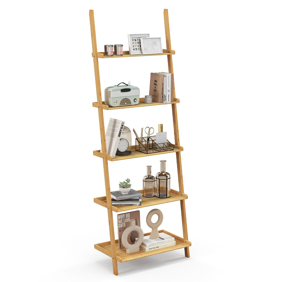 Tangkula 5-Tier Ladder Shelf Bookcase, Bamboo, 72”H, Walnut, 2 Pack