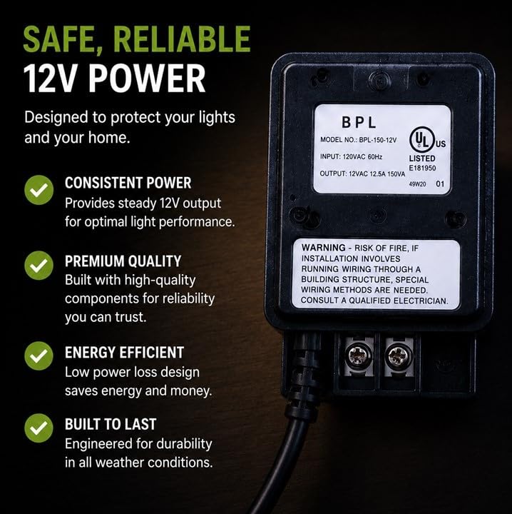 150W Watt AC to 12V Volt LED & Halogen -120V Volt Low Voltage Landscape Lighting Indoor/Outdoor Weatherproof Transformer Electric Power Pack with Photocell Sensor - Black Case
