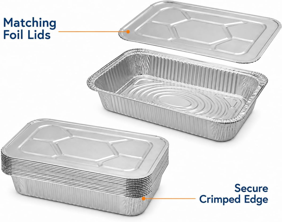 Half Size Deep Aluminum Pans, 13 x 10.5 x 2.5 In (100, With Lids)