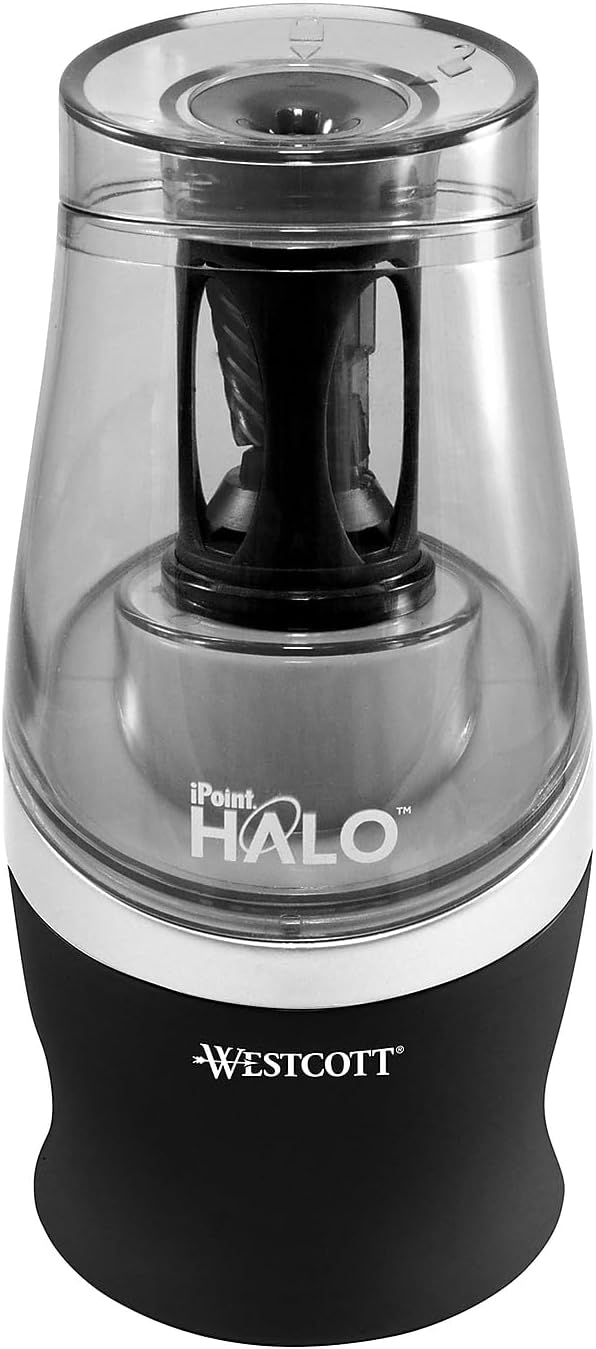 Westcott Halo Colored Pencil Non-Stick Electric Sharpener, Ac-Powered, 3.5 X 6.75, Black/Silver