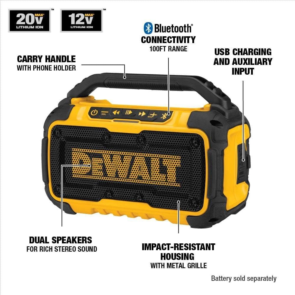 DEWALT 20V MAX Bluetooth Speaker, 100 ft Range, Durable for Jobsites, Phone Holder Included, Lasts 8-10 Hours with Single Charge (DCR010), Black Yellow