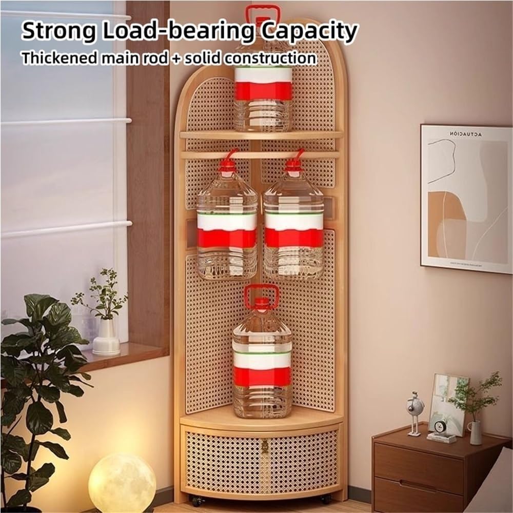 Freestanding Entryway Coat with Hooks, Boho Floor Standing Clothes Rack with Shoes Shelf, Rattan Clothes Rack Corner for Bedroom, Living Room, Hallway 17''x17''x76''(Brown A)
