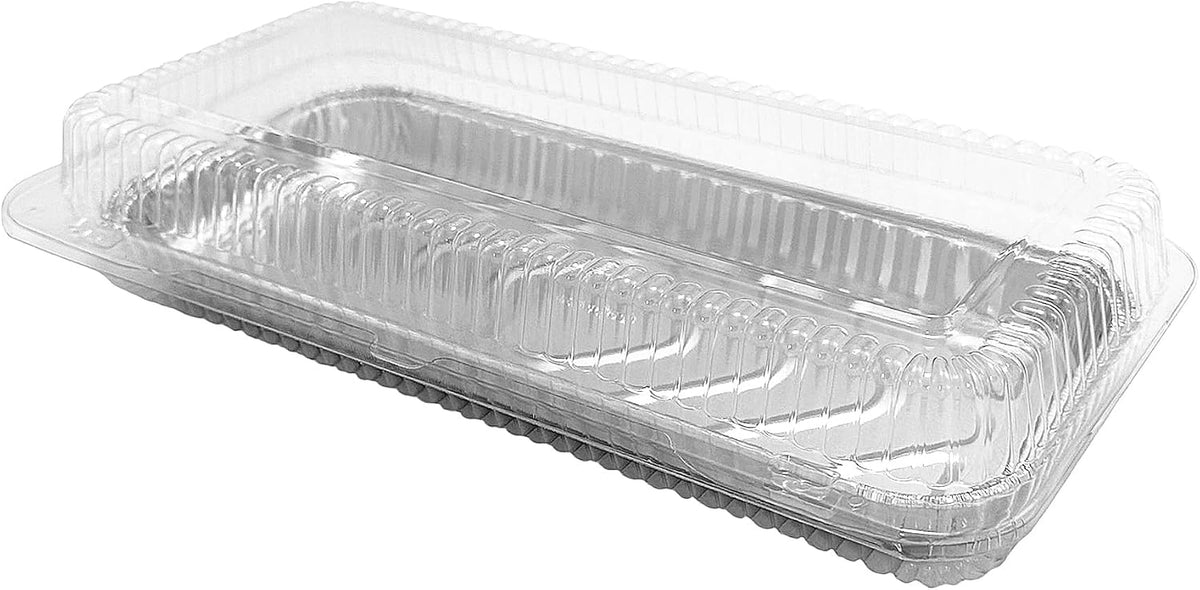 PACTOGO 12" x 5" x 1" Disposable Aluminum Foil Oblong Danish Cake Pans with Clear Hinged Lid Container - Ideal Baking Tins for Sweets, Cakes, Cookies, Brownies (Pack of 100)