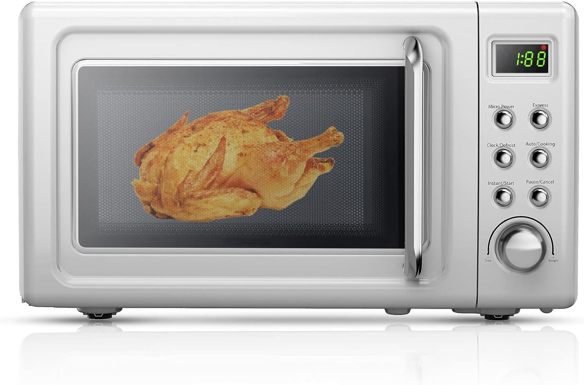 MAT EXPERT 0.7 Cu.ft Compact Microwave Oven, Digital Timing & Child Lock, Small Microwave w/Glass Turntable & 6 Preset Buttons, Delayed Start Function, 700W Mini Microwave w/5 Micro Power (White)