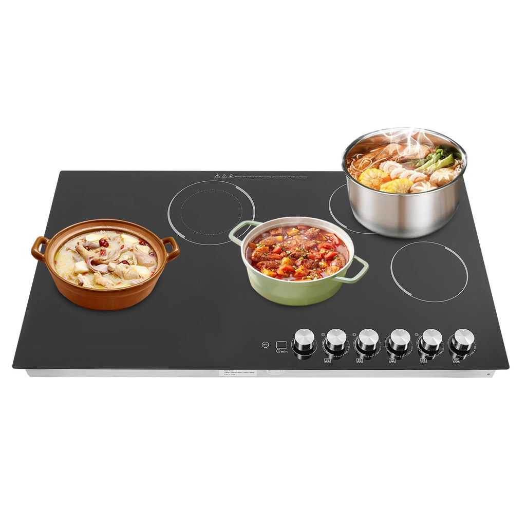5 Burners Electric Cooktop, 35 Inch 48000W Electric Ceramic Cooktop Built-in Electric Stove Top with 5 Heating Levels, Kid Safety Lock, Timer and Knob Control, 110V for Hard Wire (No Plug)