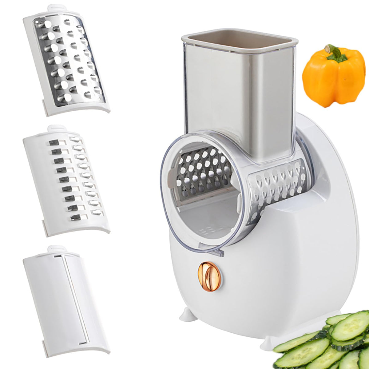 Electric Cheese Grater Vegetable Slicer, Rechargeable Rotary Grater Salad Maker with 3 Interchangeable Blades, Durable Material and Cutting Efficiently, for Kitchen, Camping, Restaurant