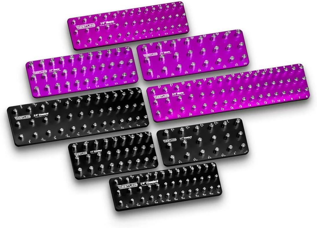 Westling USA Premium Aluminum Professional 8 Piece Socket Tray/Organizer Set, Holds 273 Standard and Metric Sockets (Black/Purple, 3 Row)