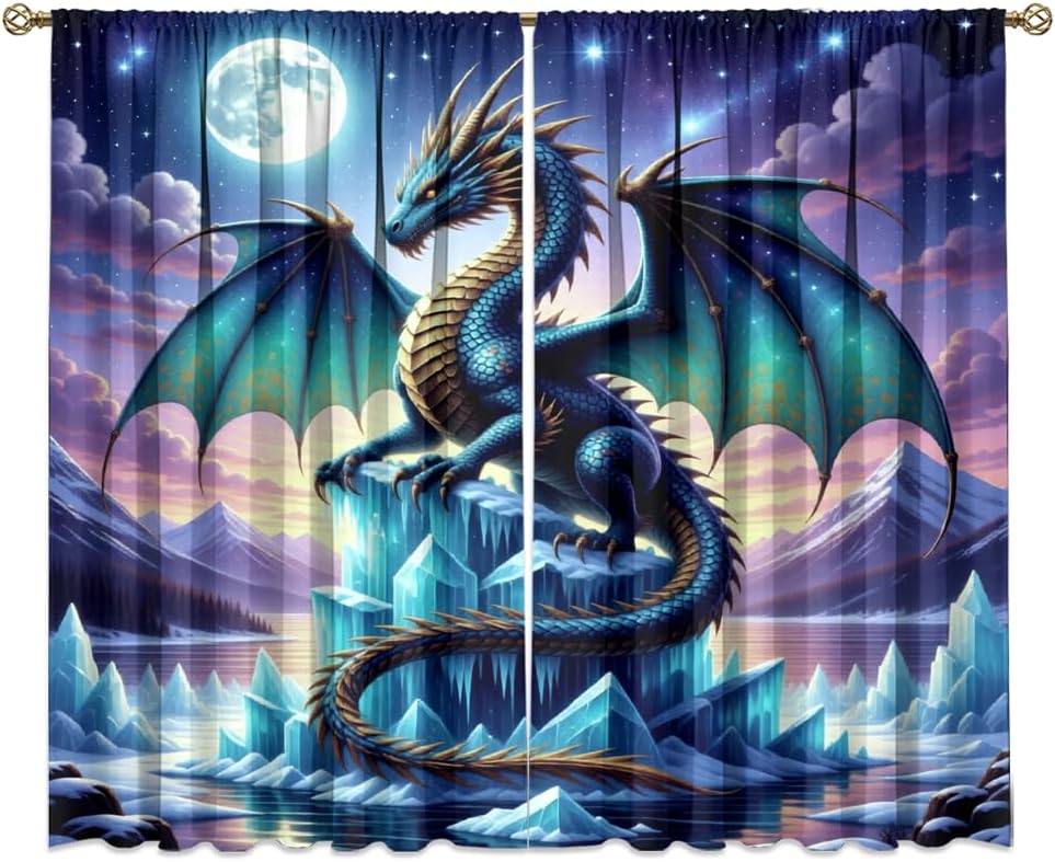 Fantasy Mythical Animal Dragon Curtains,Dreamy Galaxy Full Moon Room Darkening Blackout Window Treatment,Mythological Wildlife Dragon Rod-Pocket Privacy Curtains,2pcs,Each 52“W x 96”L