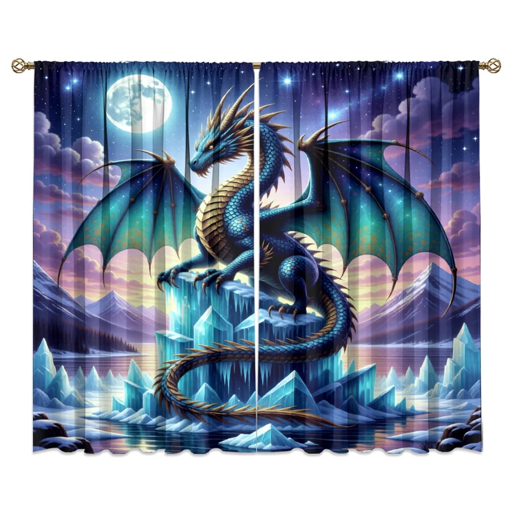 Fantasy Mythical Animal Dragon Curtains,Dreamy Galaxy Full Moon Room Darkening Blackout Window Treatment,Mythological Wildlife Dragon Rod-Pocket Privacy Curtains,2pcs,Each 52“W x 96”L