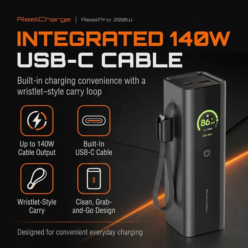 ReelPro Portable Charger Power Bank 20000mAh, 165W Built In Cable