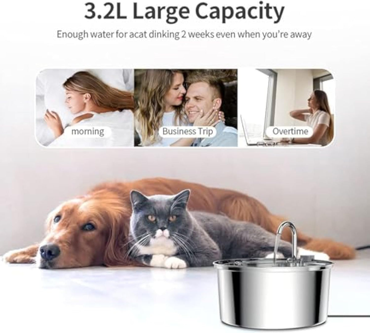 Water Fountain for Cats, 3.2L/7L Cat Fountain, Super Quiet Stainless Steel Fountain Water Bowl for Small Cats Dogs & Medium and Large Animals (Silver, 7L-with 10 Filter Element)