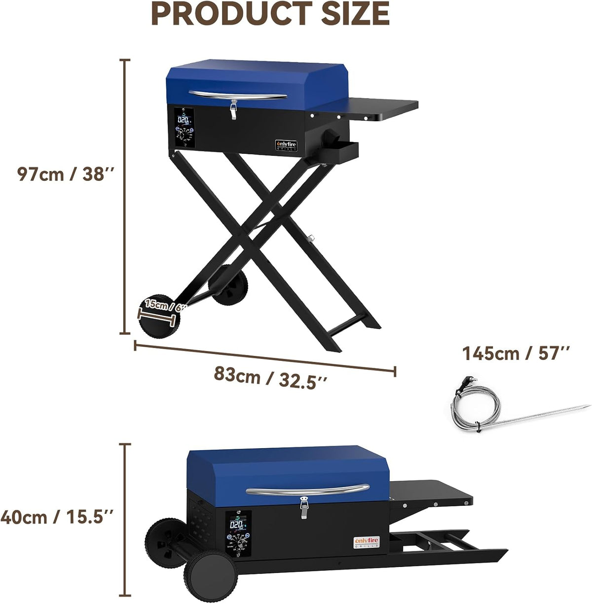 ONLYFIRE GRILLS BBQ Wood Pellet Grill Smoker with Foldable Cart, Blue GS342