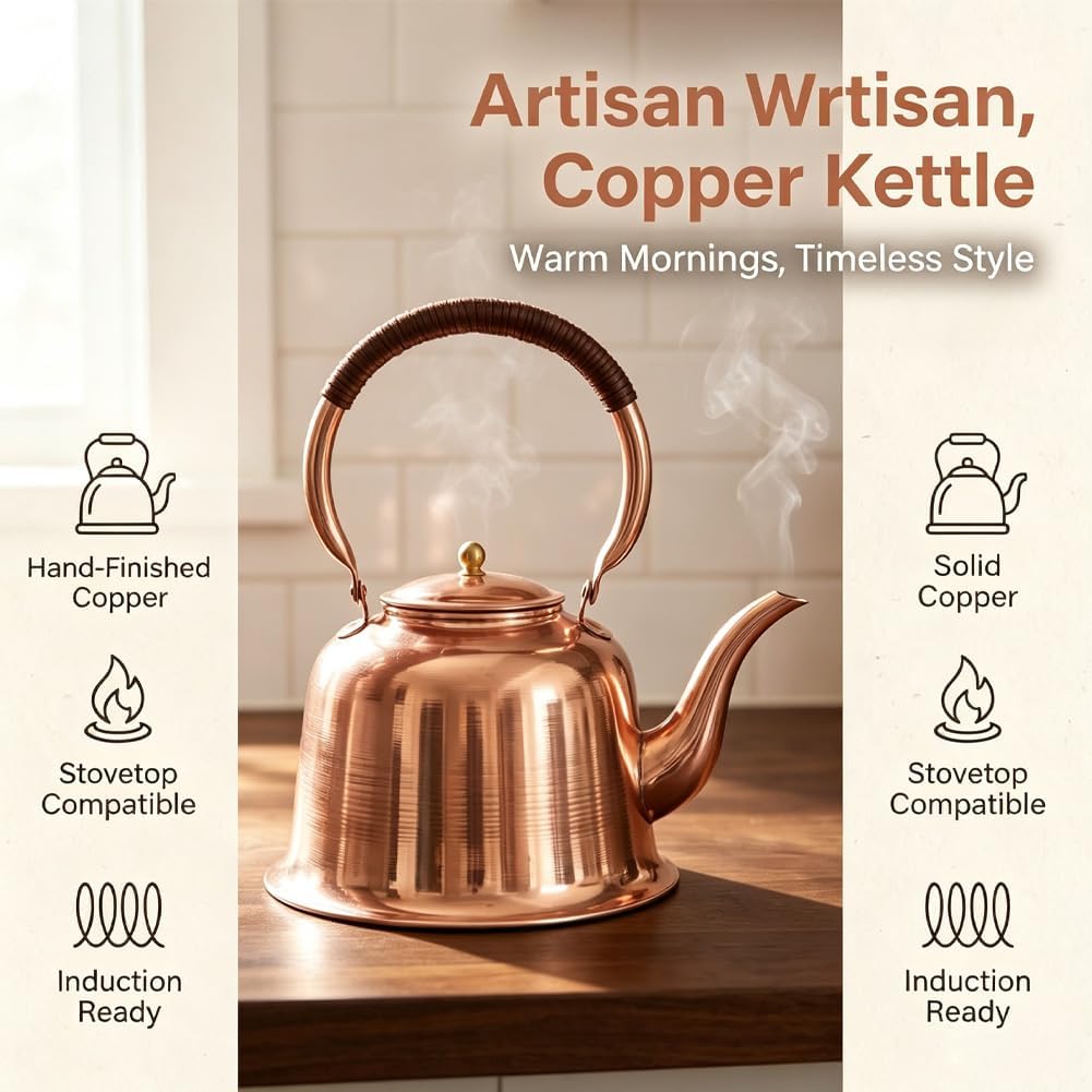 Solid Copper Tea Kettle for Stove Top, 1000ml Fast Boiling Vintage Copper Teapot, Easy to Clean Water Kettle for Induction, Gas & Electric Stoves
