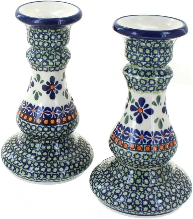 Blue Rose Polish Pottery - Green Mosaic Flower Candlestick Pair - 8" Tall - Hand-Painted Polish Pottery Ceramic Candle Holders