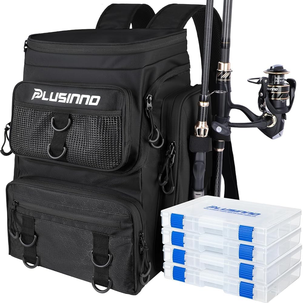 PLUSINNO Fishing Backpack with Fishing Net,42L Waterproof tackle Backpack with Tackle Boxes,Fishing Gear,Lures,Tools,Pliers & Accessories, Fishing Gifts for Men