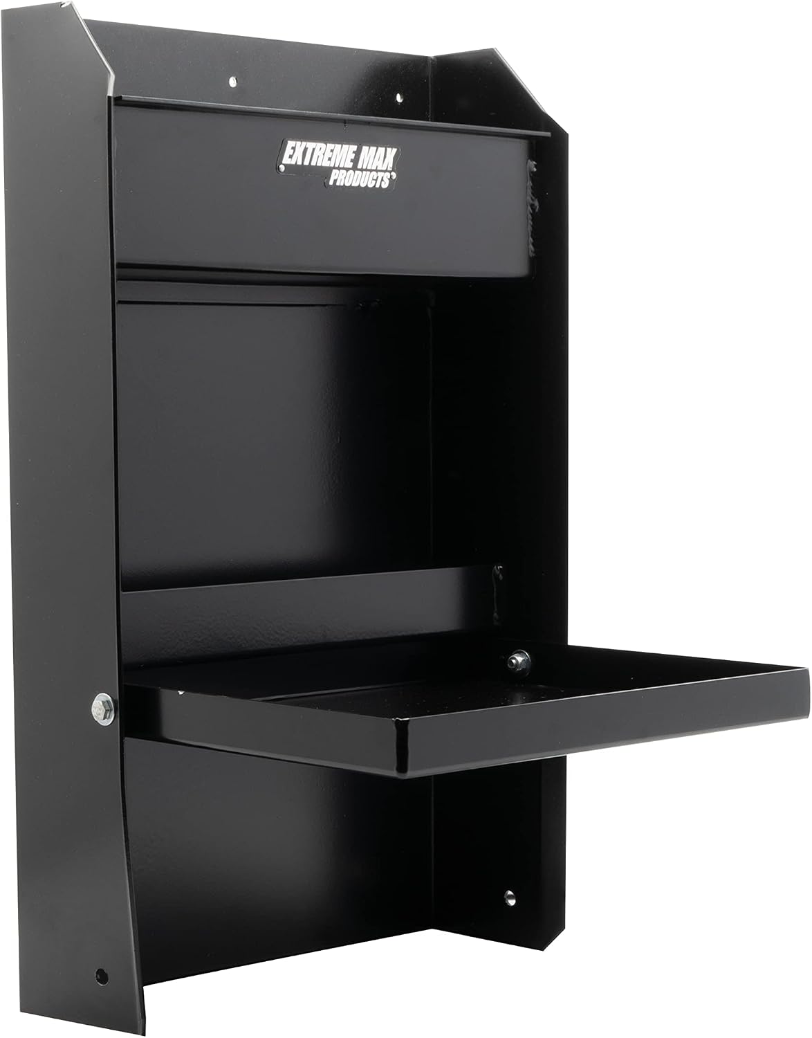 Extreme Max 5001.6119 Junior Wall-Mount Aluminum Work Station Storage Cabinet Flip-Out Work Tray with Paper Towel Rack Organizer for Enclosed Race Trailer Shop Garage Storage - Black