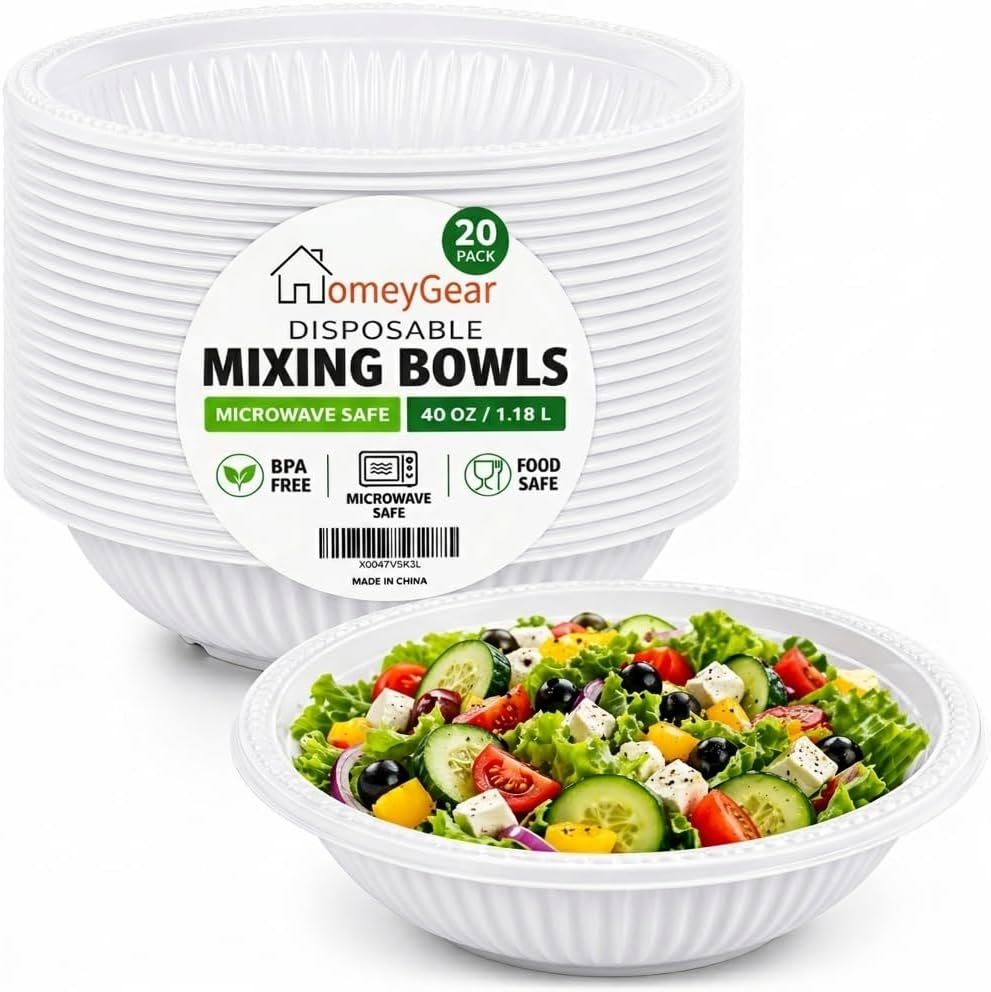 Disposable Plastic Mixing Bowls, 20 Pack, 40 oz Large Heavy Duty Bowls, Microwave Safe, BPA Free, Durable for Mixing, Meal Prep, Salad, Baking & Food Prep (20)