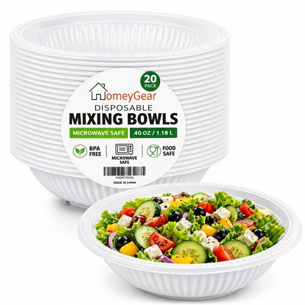 Disposable Plastic Mixing Bowls, 20 Pack, 40 oz Large Heavy Duty Bowls, Microwave Safe, BPA Free, Durable for Mixing, Meal Prep, Salad, Baking & Food Prep (20)