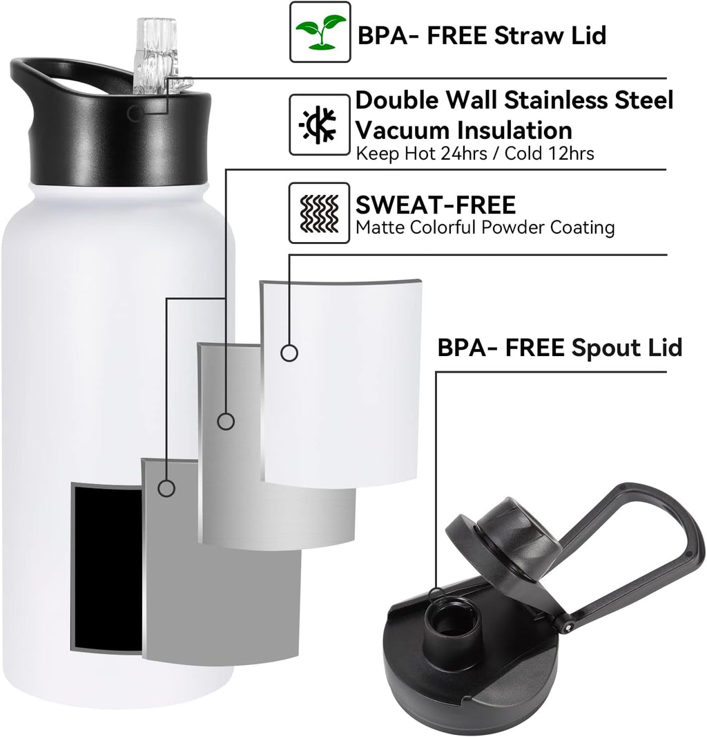 32 oz Insulated Water Bottle Bulk 8 Pack, Stainless Steel Sports Water Bottles with Straw Lid & Wide Mouth Lids, Double Walled Vacuum, Leak Proof, White