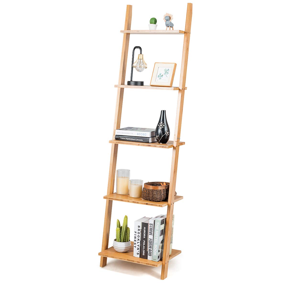 Tangkula 5-Tier Ladder Shelf Bookcase, Bamboo, 72”H, Walnut, 2 Pack