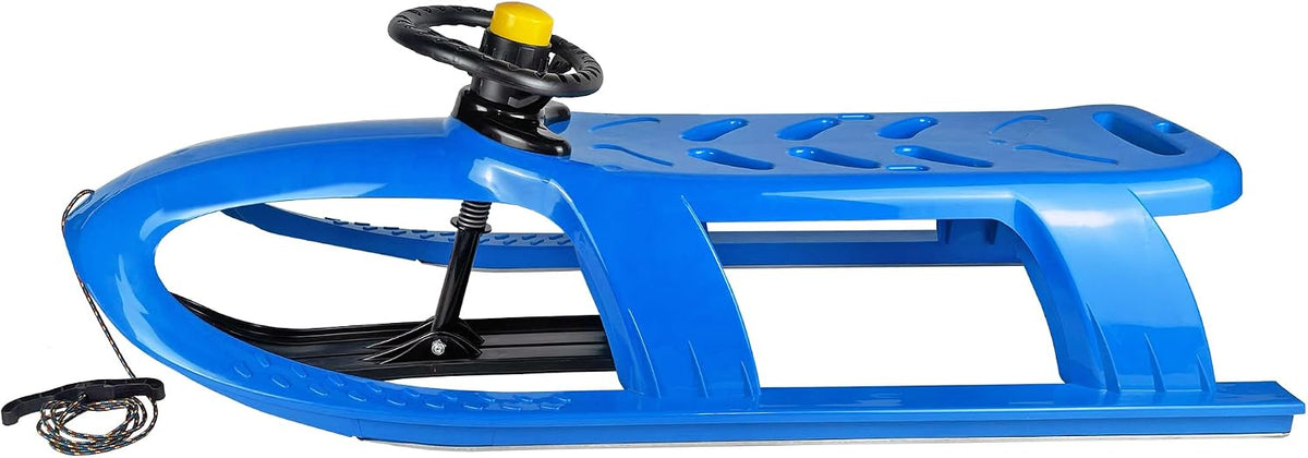 Snow Sled for Kids - SnowRush Sledge - Single Rider Racer Toboggan with Pull Rope and Steering Wheel; Outdoor Plastic Winter Sleigh for Toddlers & Kids