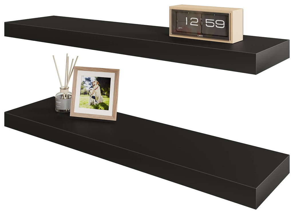 BAMEOS 47in Floating Shelves, Black Wall Mounted Wooden Shelves with Invisible Brackets Set of 2