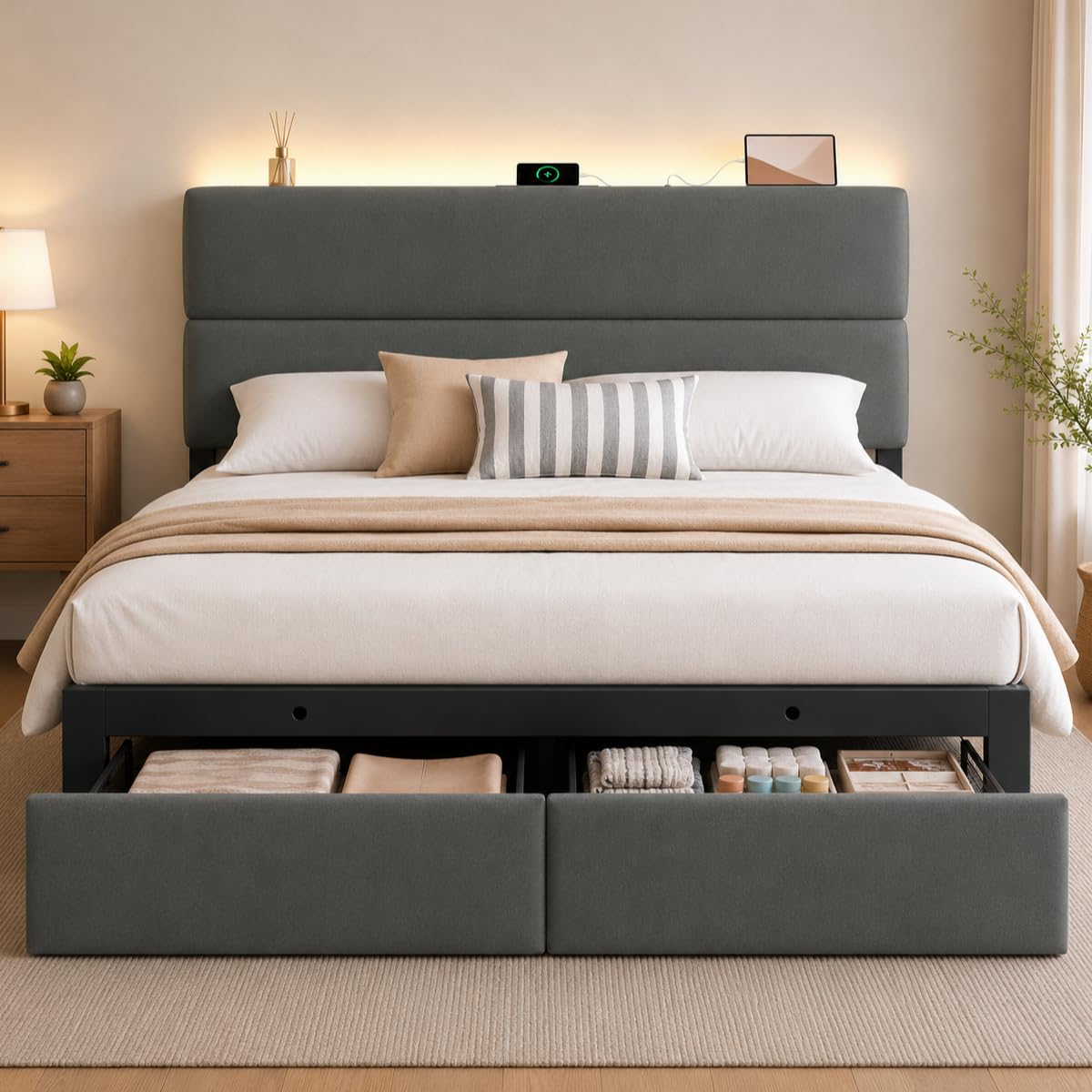 Queen Bed Frame with 2 Storage Drawers, Beige Velvet Upholstered
