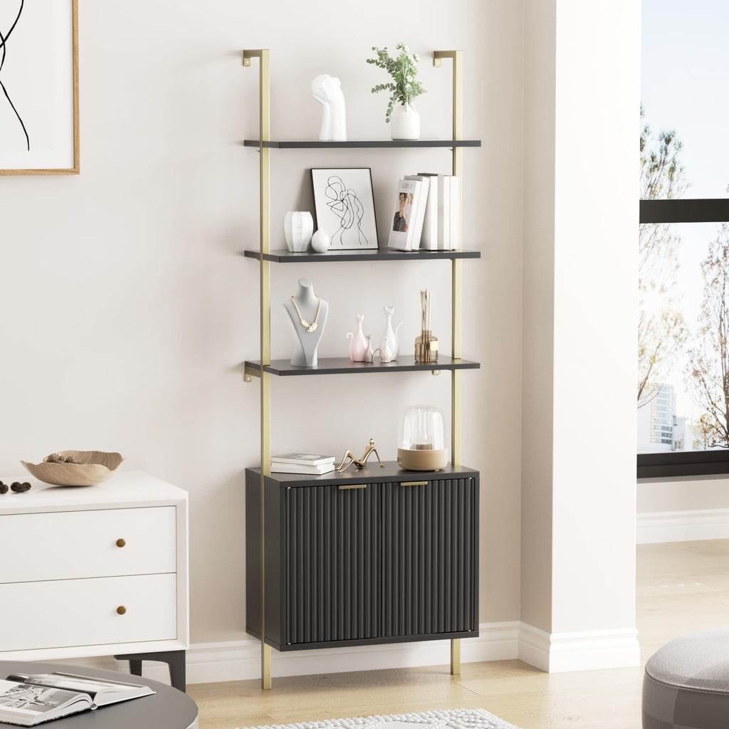 Set of 2 Ladder Shelf with Storage Cabinet,71”Wall Mounted Ladder Bookshelf