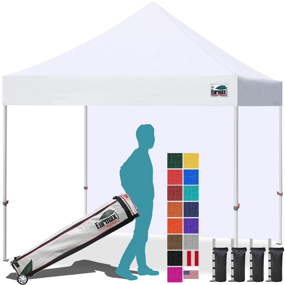 Eurmax USA 10x10ft Pop Up Canopy,Commercial Instant Tent for Outdoor Events,Patented No-Tip Rolling Storage Bag with 4 Sandbags,UV & Water Resistant,Heavy Duty Portable Shelter Gazebo,White