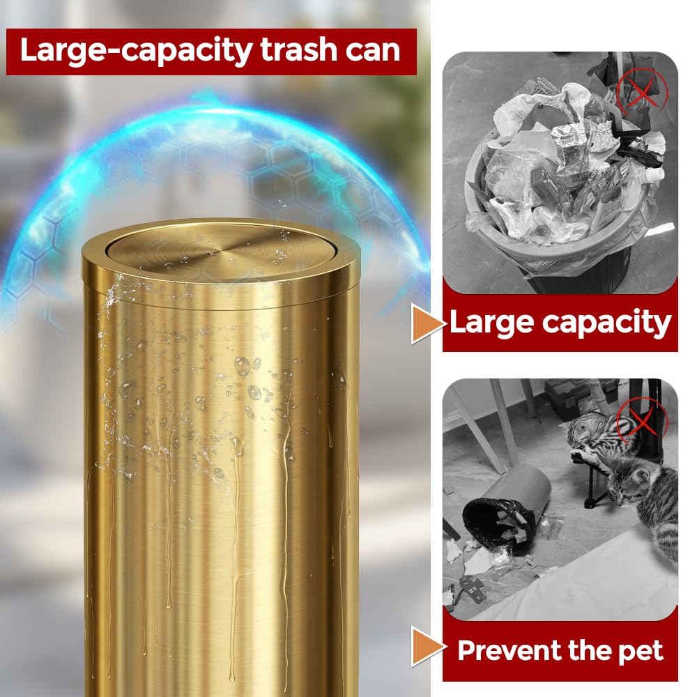 Gold Trash Can, 8 Gallon Trash can with lid,Large Capacity FILP lid Kitchen Trash can for Bathroom,Shopping mall,Elevator gate,Airport, Hotel,Commercial (Gold)