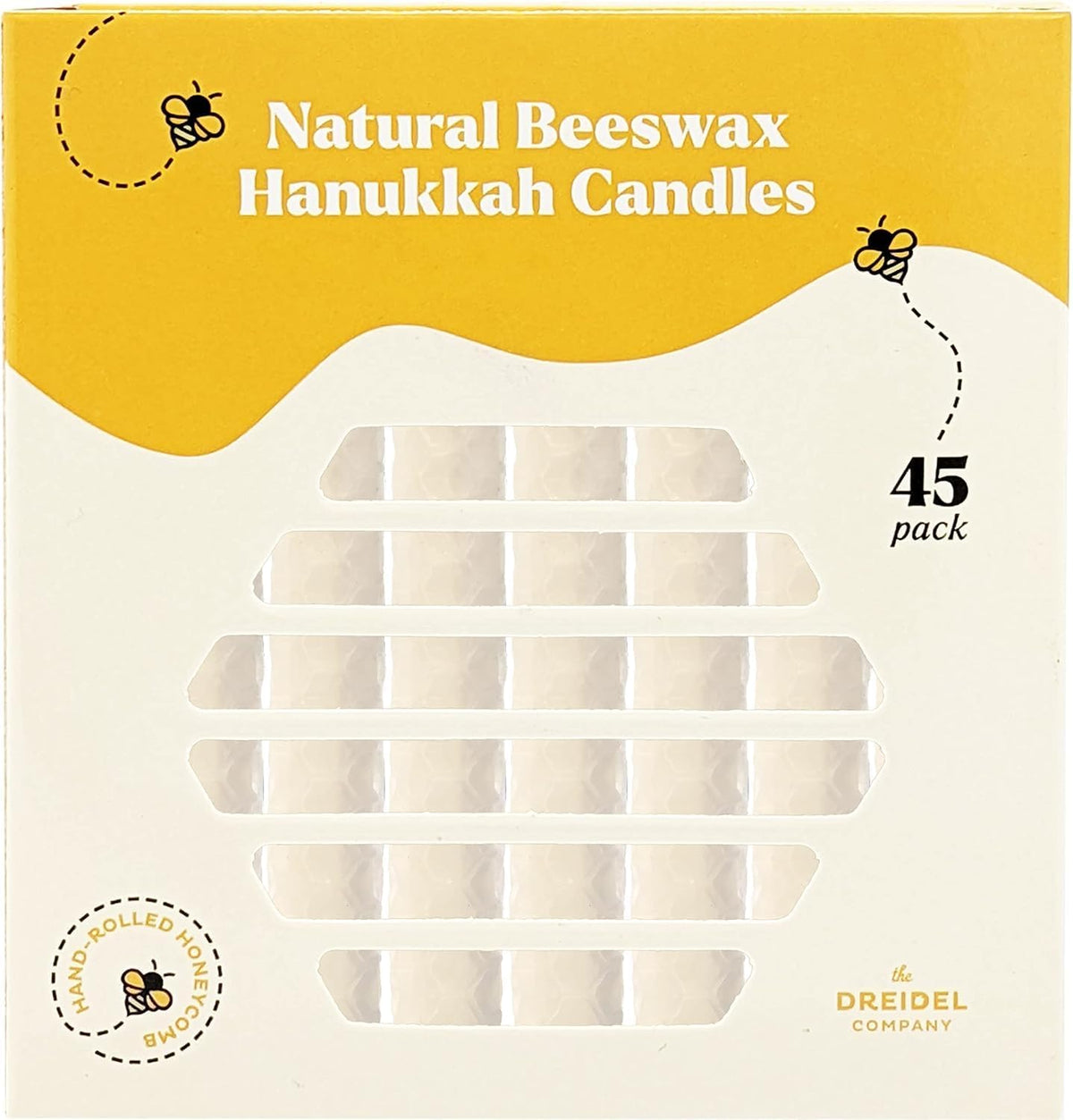 The Dreidel Company 24-Pack Hand Rolled Hanukkah Candle Natural Honeycomb Beeswax White, 45 Minute Burn Time, 45 Candles for All 8 Nights of Chanuka