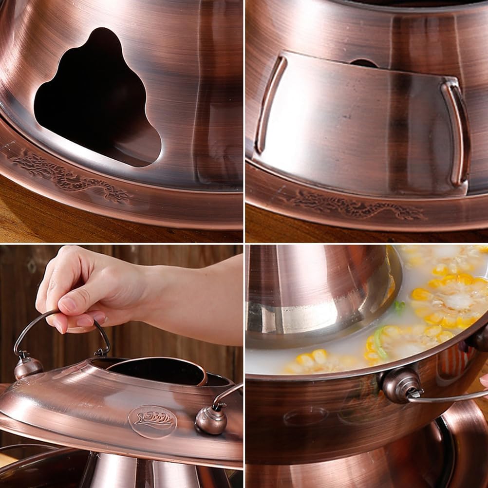 Hot Pot, Chinese Charcoal Hotpot, Extra Thick Stainless Steel Stew Pan, Vintage Hot Pot with Chimney Shabu Shabu Hotpot for Family Dinners and Stewed Lamb Camping,Gold,36cm/14.2inch