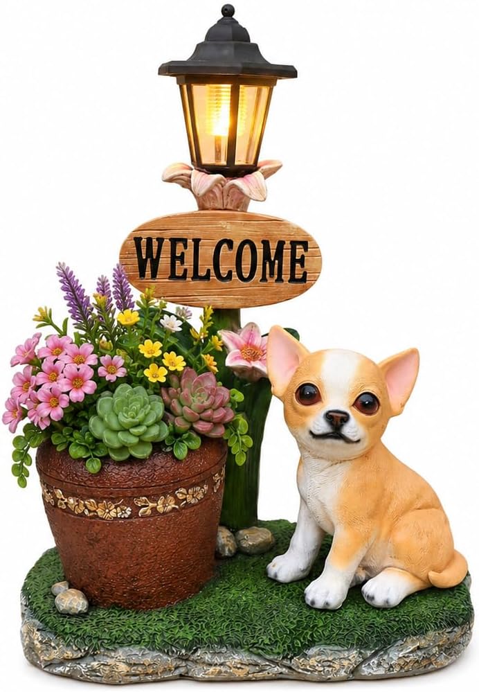 Solar Chihuahua Dog Statue with Welcome Sign & Lantern, Resin Puppy Garden Figurine Planter Pot, Realistic Outdoor LED Light for Porch, Yard Art & Lawn Decor, Unique Gift for Dog Lovers