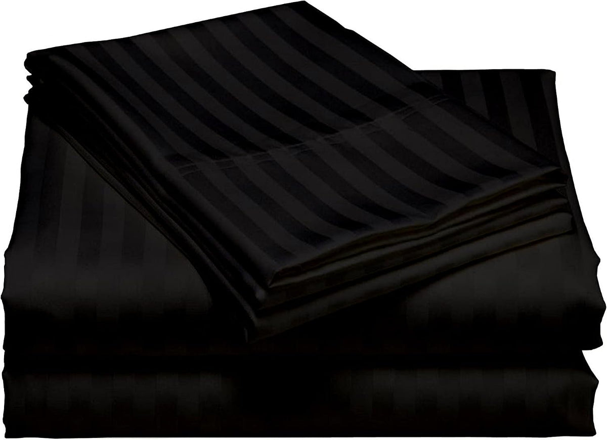 USA Short Queen Sheet Set in Black Stripe 400 Thread-Count 100% Egyptian Long Staple Cotton, Sateen Weave for Soft and Silky Feel, Breathable 4-Piece Bedsheet, Elasticized 24'' Extra Deep Pocket
