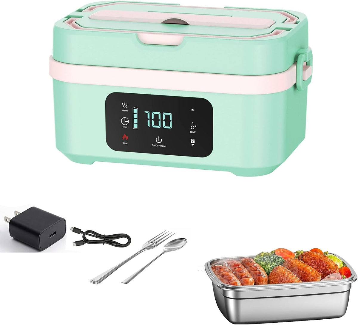 Cordless Heated Lunch Box, 30,000mAh Rechargeable Electric Lunch Box with Automatic Heatings Timer & Adjustable Heating, 5.7 Cup Portable Food Heater Warmer Office Car Outdoor (Green)