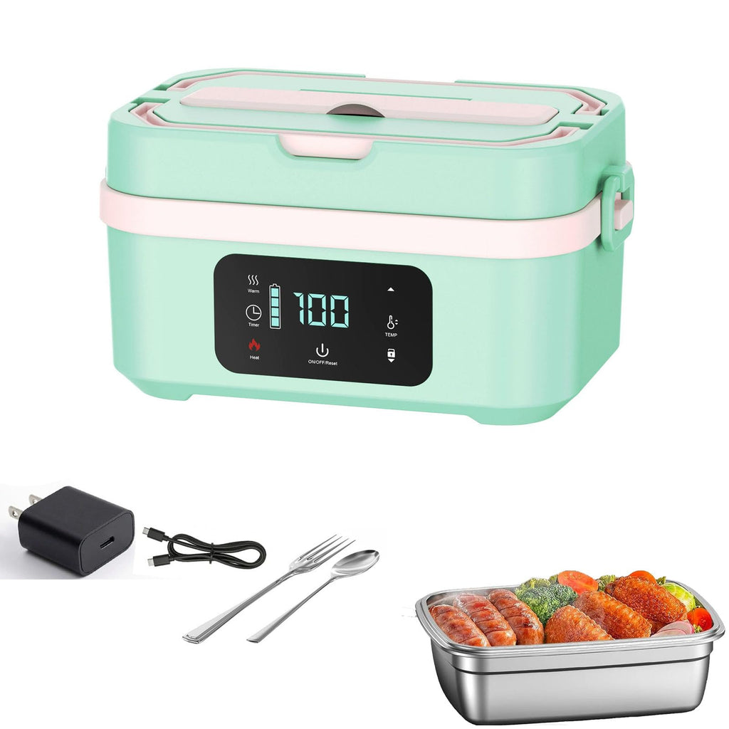 Cordless Heated Lunch Box, 30,000mAh Rechargeable Electric Lunch Box with Automatic Heatings Timer & Adjustable Heating, 5.7 Cup Portable Food Heater Warmer Office Car Outdoor (Green)